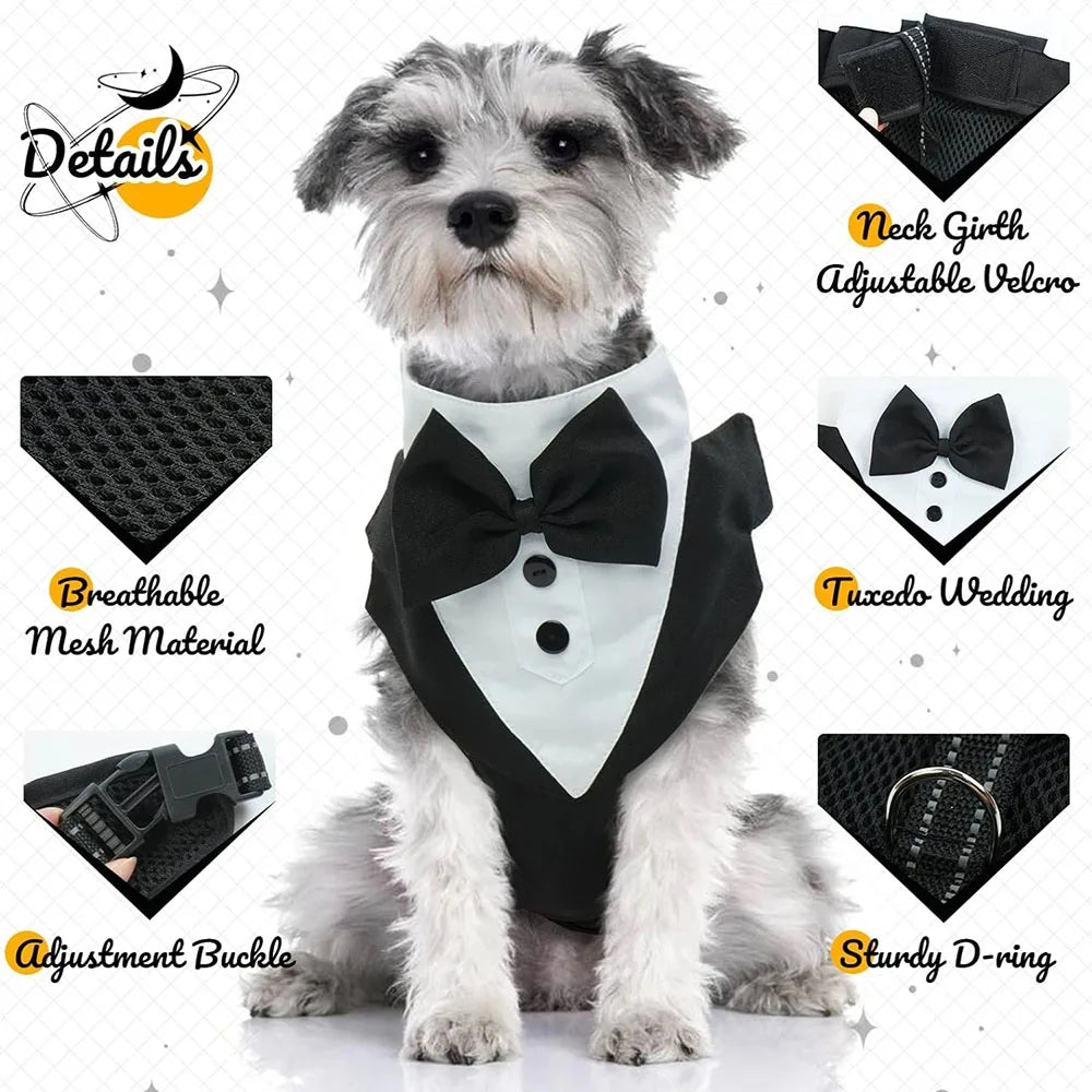 Dog Tuxedo Adjustable Harness No Pull for Small Medium Large Boys Dogs Cat Puppy Dog Wedding Suit with Bow Tie Pet Party Costume